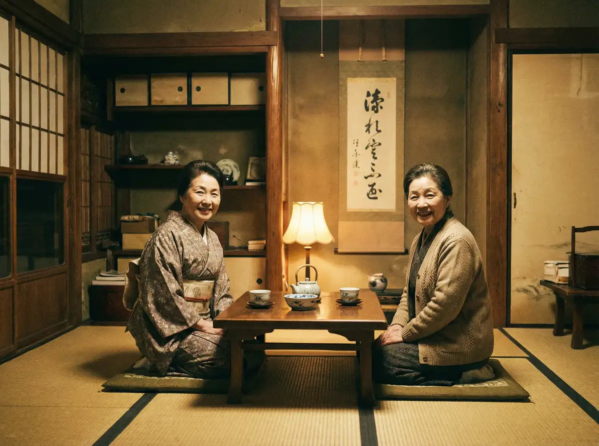 两位优雅的 神马达达兔影院最新电视剧 在日式茶室中品茶交谈